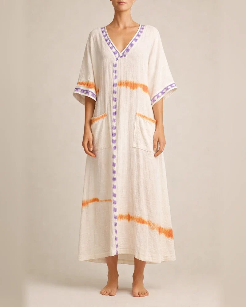 Women's Summer 3D-Printed V-Neck 3/4-Sleeve Long Dress with Patch Pockets | JRSEE:97b28634-99bb-4c2b-825f-bc7a2d648e55