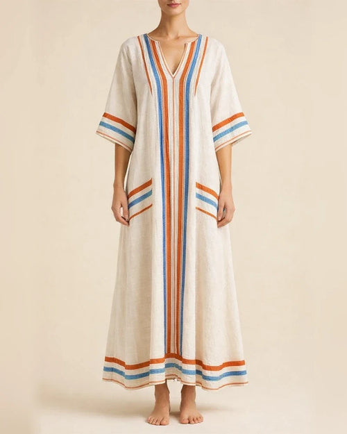 Women's Summer 3D-Printed V-Neck 3/4-Sleeve Long Dress with Patch Pockets | JRSEE:e68a26a9-e699-4fc8-a6cf-9d4ee9329051