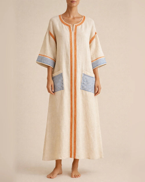 Women's Summer 3D-Printed V-Neck 3/4-Sleeve Long Dress with Patch Pockets | JRSEE:526e9372-28b0-44be-9570-22fa1dbb8773