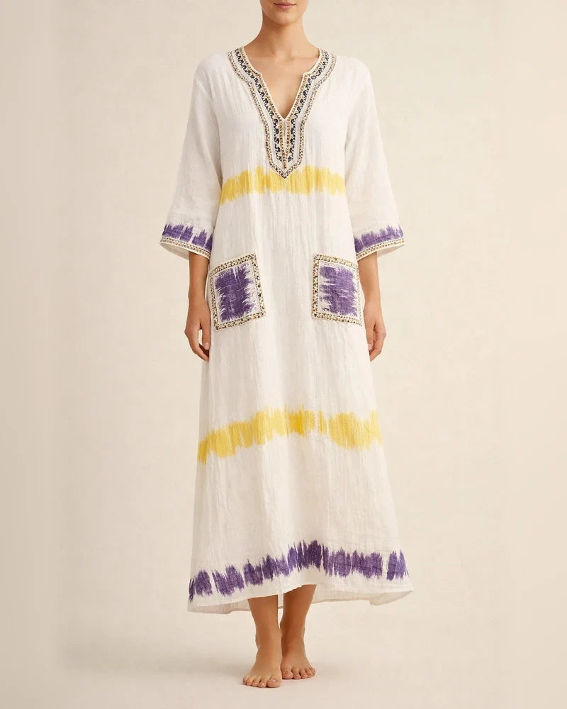 Women's Summer 3D-Printed V-Neck 3/4-Sleeve Long Dress with Patch Pockets | JRSEE:45821ee1-b075-4ad7-b91b-aea2953a0ebd