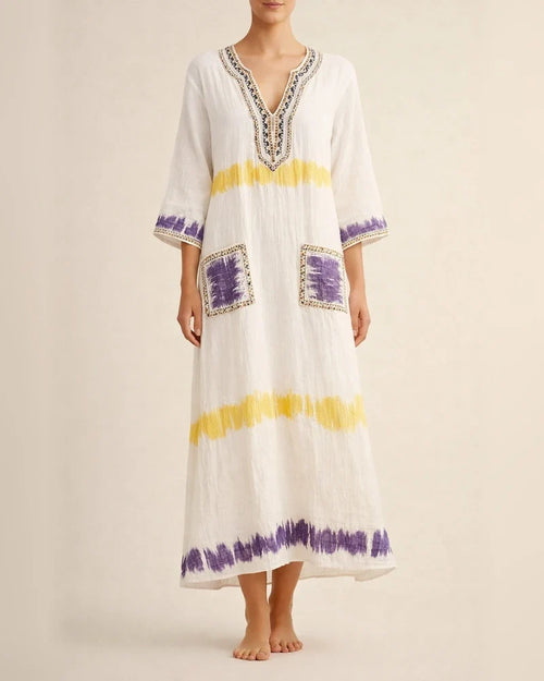 Women's Summer 3D-Printed V-Neck 3/4-Sleeve Long Dress with Patch Pockets | JRSEE:45821ee1-b075-4ad7-b91b-aea2953a0ebd