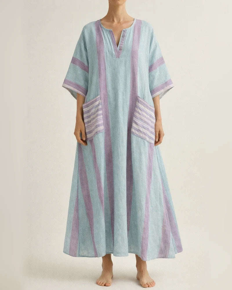 Women's Summer 3D-Printed V-Neck 3/4-Sleeve Long Dress with Patch Pockets | JRSEE:4096fc82-9cf6-4f85-9d3b-896c0c018939