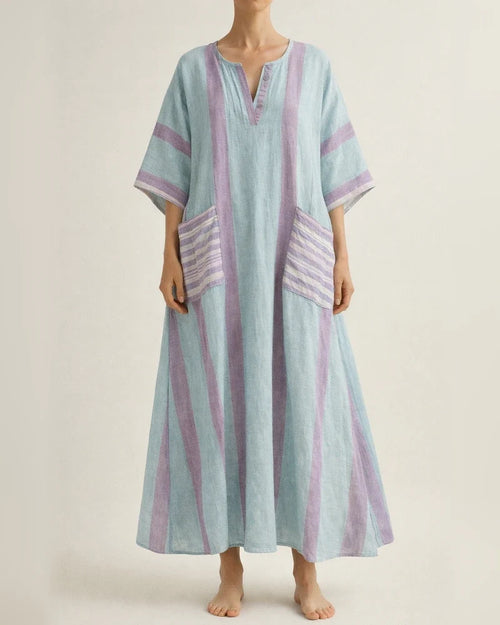 Women's Summer 3D-Printed V-Neck 3/4-Sleeve Long Dress with Patch Pockets | JRSEE:4096fc82-9cf6-4f85-9d3b-896c0c018939