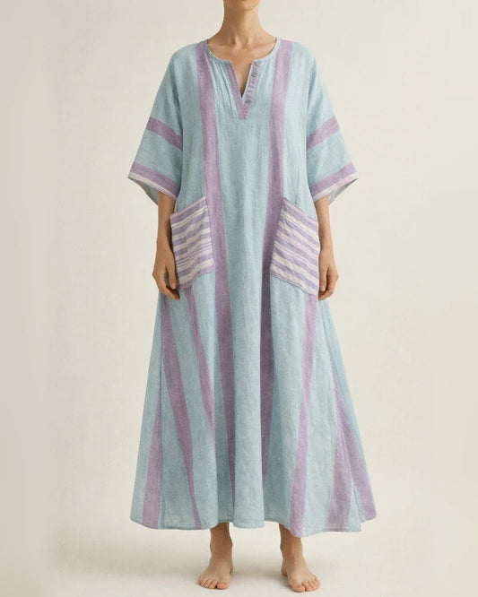 Women's Summer 3D-Printed V-Neck 3/4-Sleeve Long Dress with Patch Pockets | JRSEE:4096fc82-9cf6-4f85-9d3b-896c0c018939