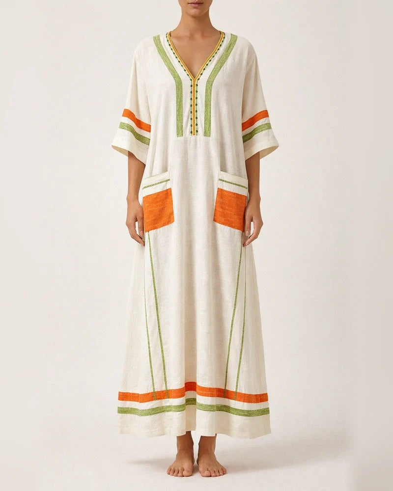 Women's Summer 3D-Printed V-Neck 3/4-Sleeve Long Dress with Patch Pockets | JRSEE:41d7af17-d348-4be5-b04c-71e2f37ebf3b