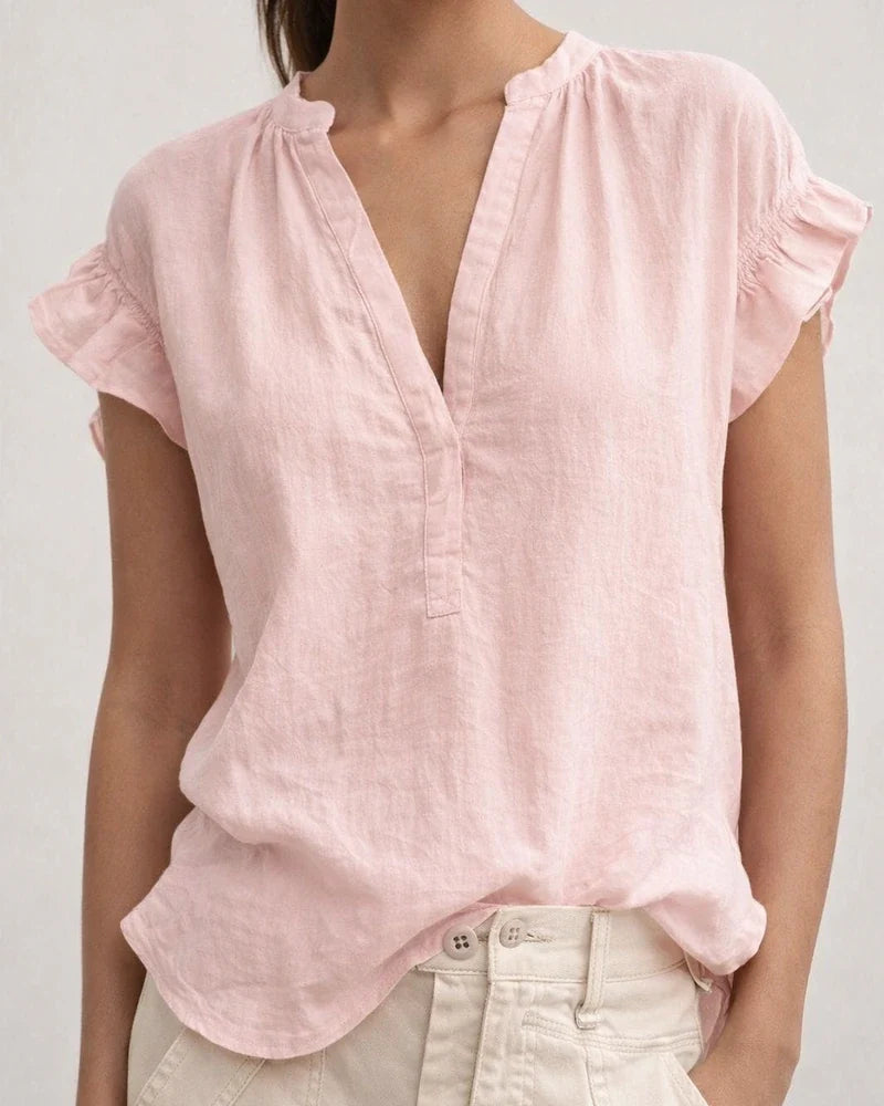 Women's Summer Bohemian-Style Casual V-Neck Short-Sleeve Solid-Color Cotton-Linen Top | JRSEE:1e8aa8f8-a24c-4a25-85a7-b8068113b163