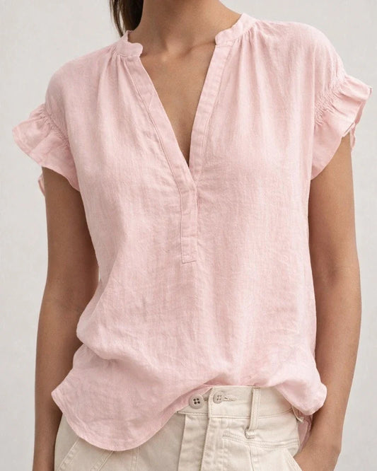 Women's Summer Bohemian-Style Casual V-Neck Short-Sleeve Solid-Color Cotton-Linen Top | JRSEE:1e8aa8f8-a24c-4a25-85a7-b8068113b163