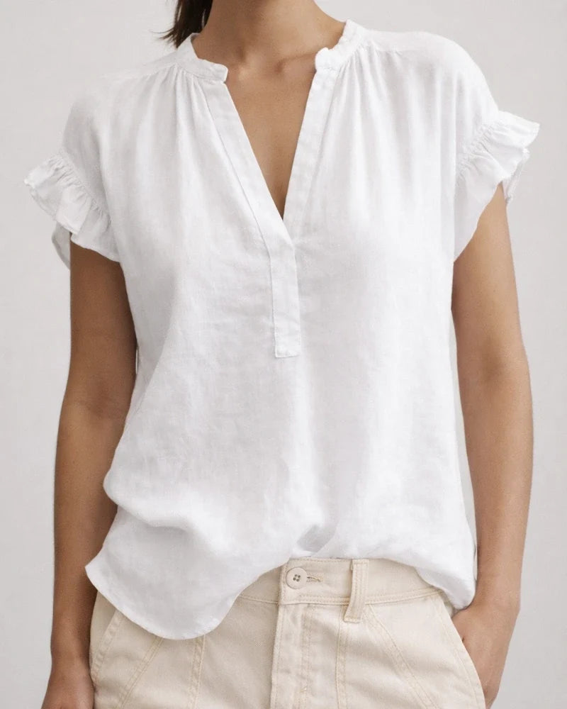 Women's Summer Bohemian-Style Casual V-Neck Short-Sleeve Solid-Color Cotton-Linen Top | JRSEE:5fe95620-b2d3-45f0-8472-56e83cfd5de7