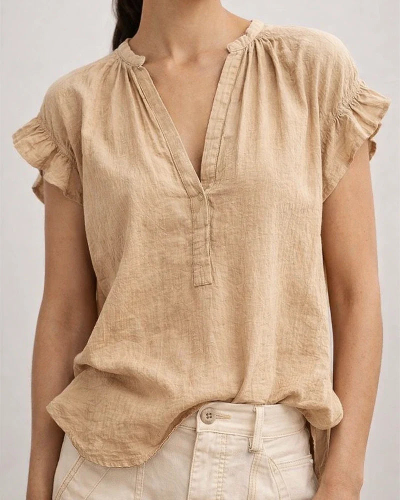 Women's Summer Bohemian-Style Casual V-Neck Short-Sleeve Solid-Color Cotton-Linen Top | JRSEE:4bbcf802-9b73-45bf-b925-3456dd93a35b