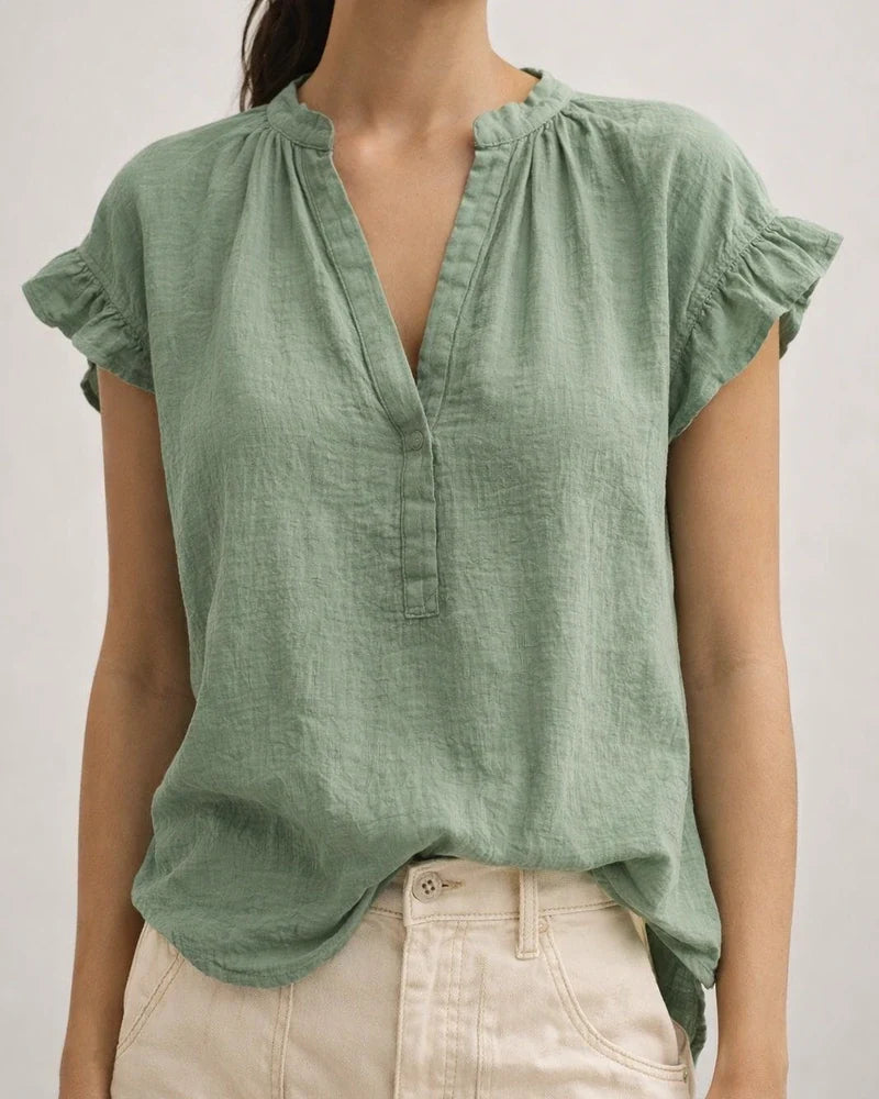 Women's Summer Bohemian-Style Casual V-Neck Short-Sleeve Solid-Color Cotton-Linen Top | JRSEE:90cfcbb4-af38-4e17-82fe-85a7cbadde5f