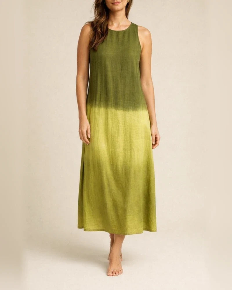 Women's Summer  Casual Cotton and Linen Sleeveless Slit Gradient Color Round Neck Dresses | JRSEE:74eab456-d757-461e-a46b-0427b174461b