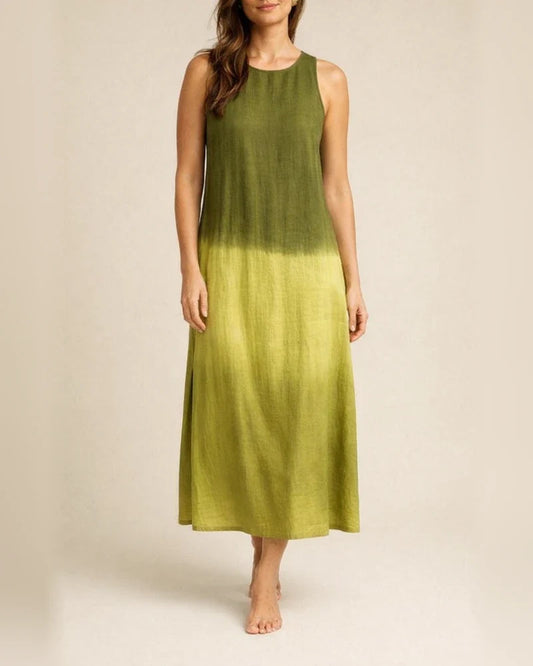 Women's Summer  Casual Cotton and Linen Sleeveless Slit Gradient Color Round Neck Dresses | JRSEE:74eab456-d757-461e-a46b-0427b174461b
