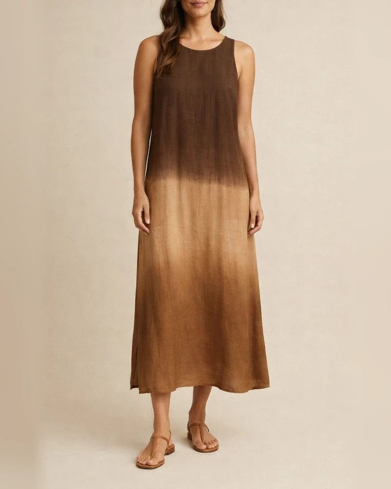 Women's Summer  Casual Cotton and Linen Sleeveless Slit Gradient Color Round Neck Dresses | JRSEE:8a42052b-9cdc-4c66-832b-dd3795e3804b