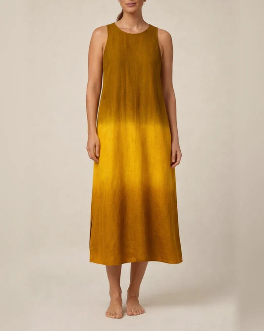 Women's Summer  Casual Cotton and Linen Sleeveless Slit Gradient Color Round Neck Dresses | JRSEE:c2554d43-a443-4006-8478-72806d7ef35a