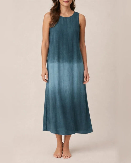 Women's Summer  Casual Cotton and Linen Sleeveless Slit Gradient Color Round Neck Dresses | JRSEE:afc82b83-42cd-47bb-b835-8b589c95549e