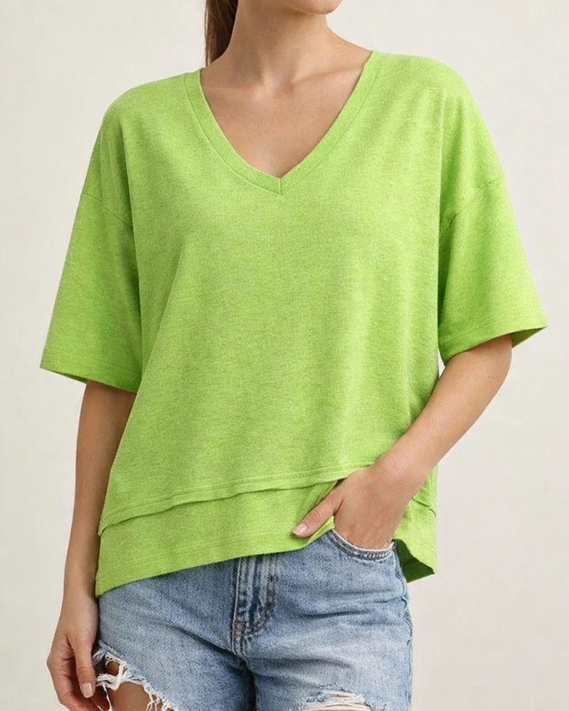 Women's Summer Casual Solid-Color Patchwork 3/4-Sleeve V-Neck Loose-Fit T-Shirt | JRSEE:3e97ead5-ab5a-462c-8065-80b3bcdfb699