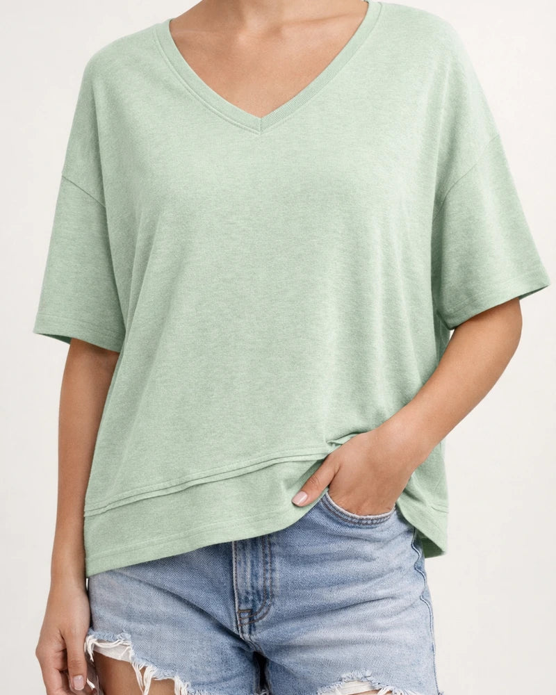 Women's Summer Casual Solid-Color Patchwork 3/4-Sleeve V-Neck Loose-Fit T-Shirt | JRSEE:a149ebdb-a311-4b29-bdf3-bebb9202f353
