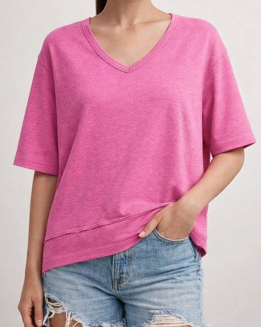 Women's Summer Casual Solid-Color Patchwork 3/4-Sleeve V-Neck Loose-Fit T-Shirt | JRSEE:2360cd68-2107-452c-a927-a2c7f7fec11d