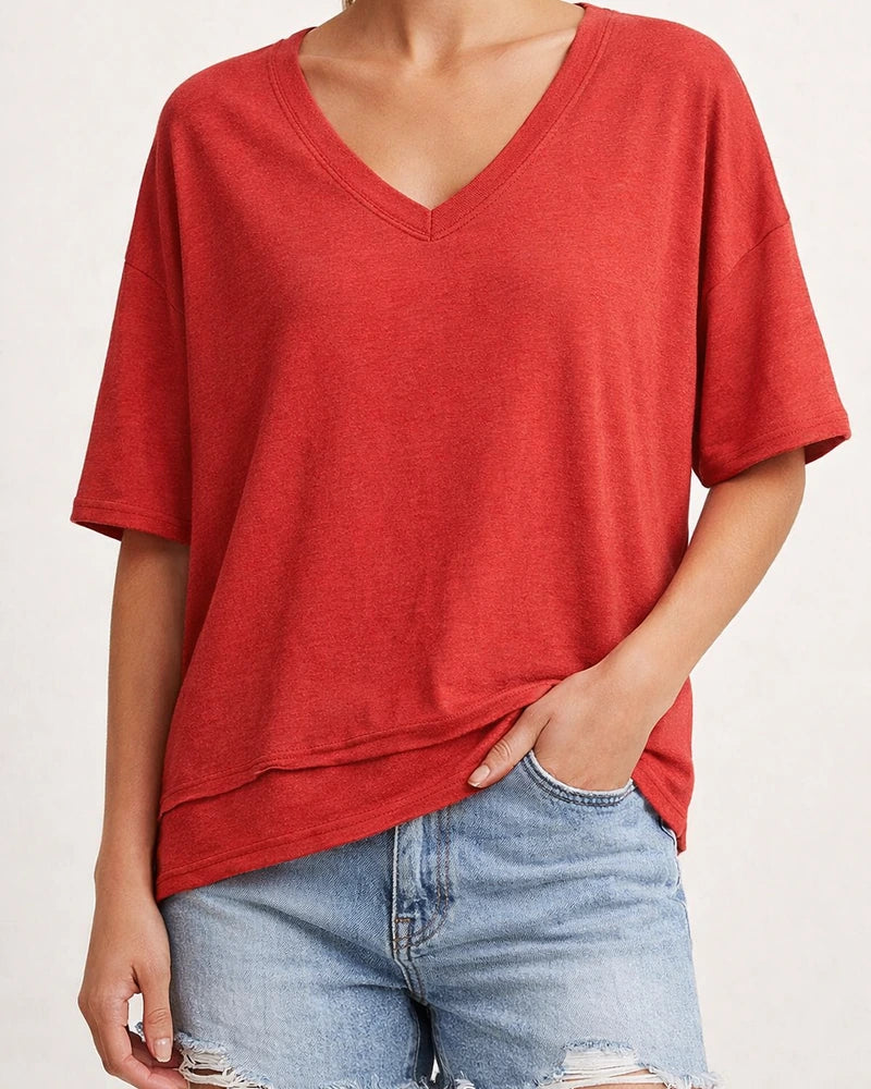 Women's Summer Casual Solid-Color Patchwork 3/4-Sleeve V-Neck Loose-Fit T-Shirt | JRSEE:e7e8914c-0600-408c-a0df-137e58a7e936