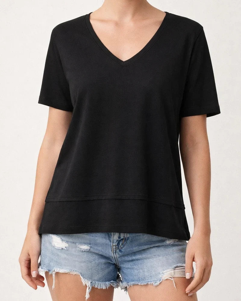 Women's Summer Casual Solid-Color Patchwork 3/4-Sleeve V-Neck Loose-Fit T-Shirt | JRSEE:27653dde-b4ff-4f44-90fd-5413454b9352