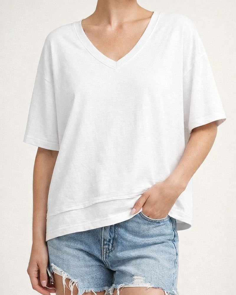 Women's Summer Casual Solid-Color Patchwork 3/4-Sleeve V-Neck Loose-Fit T-Shirt | JRSEE:b7897837-a509-44b1-9e55-2f2ac8a138ea