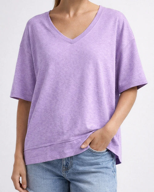 Women's Summer Casual Solid-Color Patchwork 3/4-Sleeve V-Neck Loose-Fit T-Shirt | JRSEE:7bbd253b-9b13-412e-b5a3-df40c22dacbb