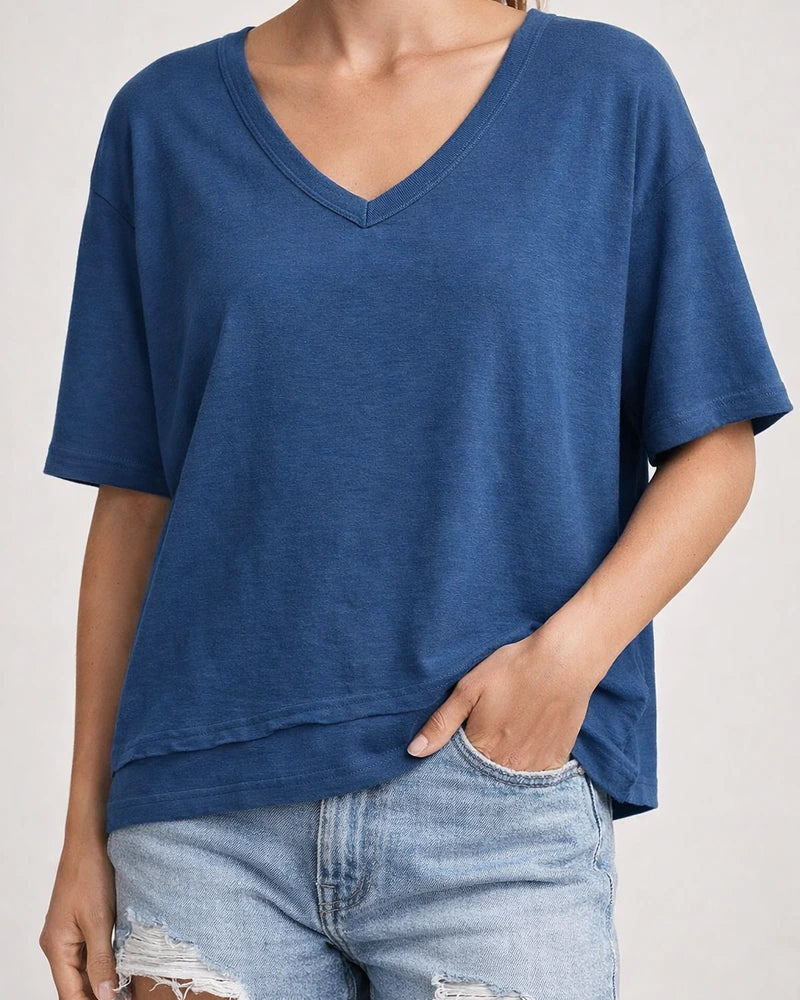 Women's Summer Casual Solid-Color Patchwork 3/4-Sleeve V-Neck Loose-Fit T-Shirt | JRSEE:f20d23fa-51bb-4f6f-bf4a-d9c7e9379a19