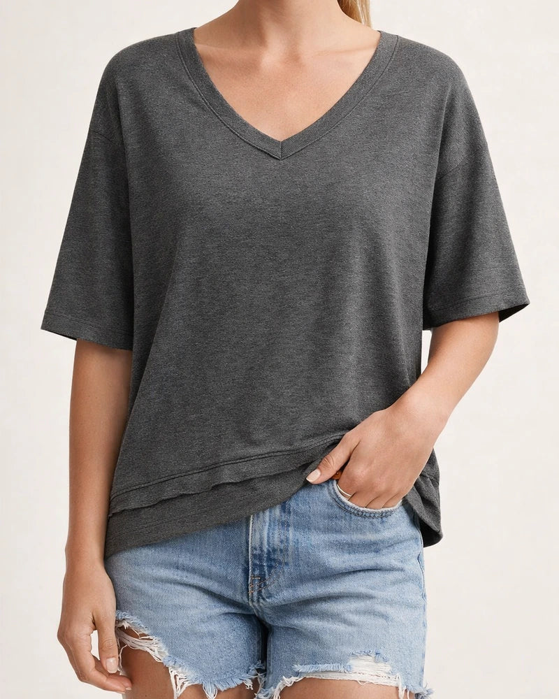 Women's Summer Casual Solid-Color Patchwork 3/4-Sleeve V-Neck Loose-Fit T-Shirt | JRSEE:2ed9aecb-fcda-47a7-bb05-3cd29487ae24