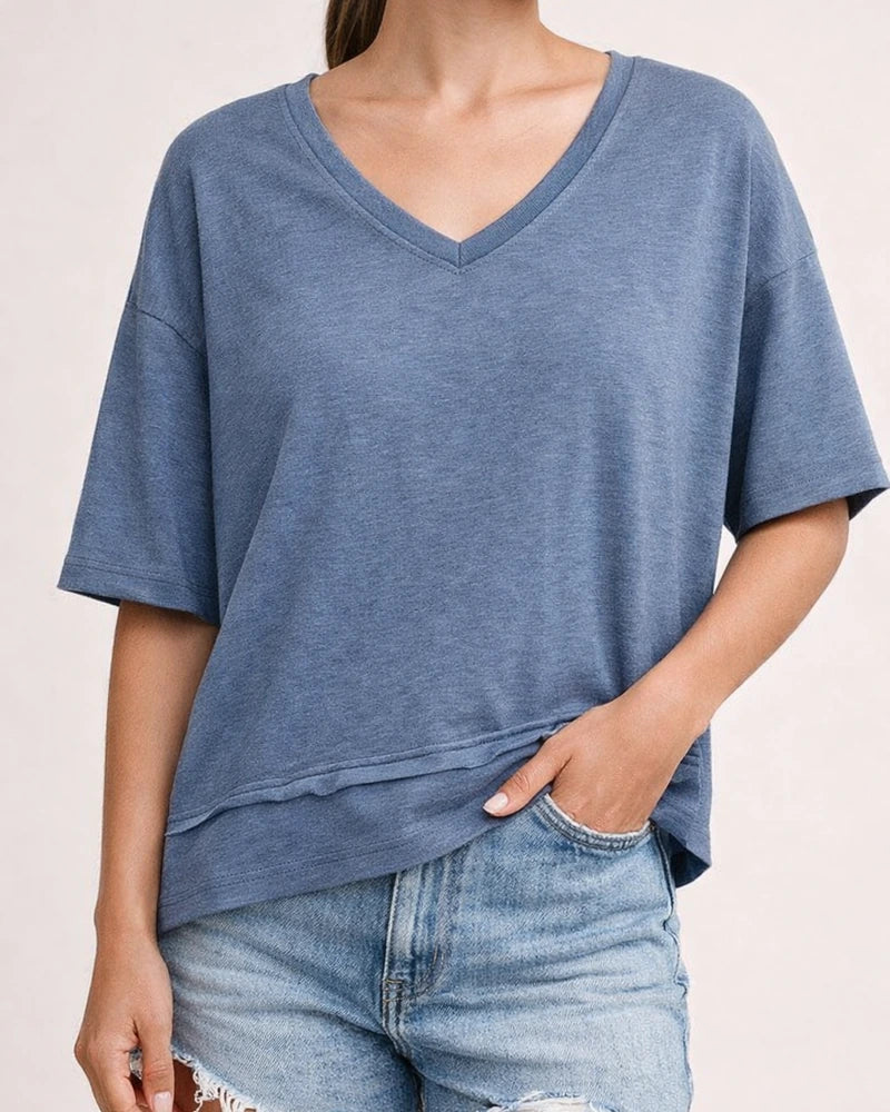 Women's Summer Casual Solid-Color Patchwork 3/4-Sleeve V-Neck Loose-Fit T-Shirt | JRSEE:627a4789-3fa9-427e-a499-a00fc2e1aa7c