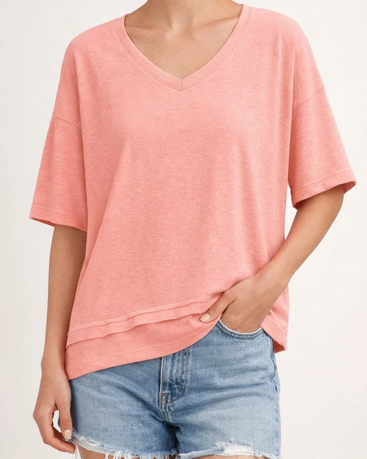 Women's Summer Casual Solid-Color Patchwork 3/4-Sleeve V-Neck Loose-Fit T-Shirt | JRSEE:06538748-f6a3-48e3-9f2c-51c5c721a3e6