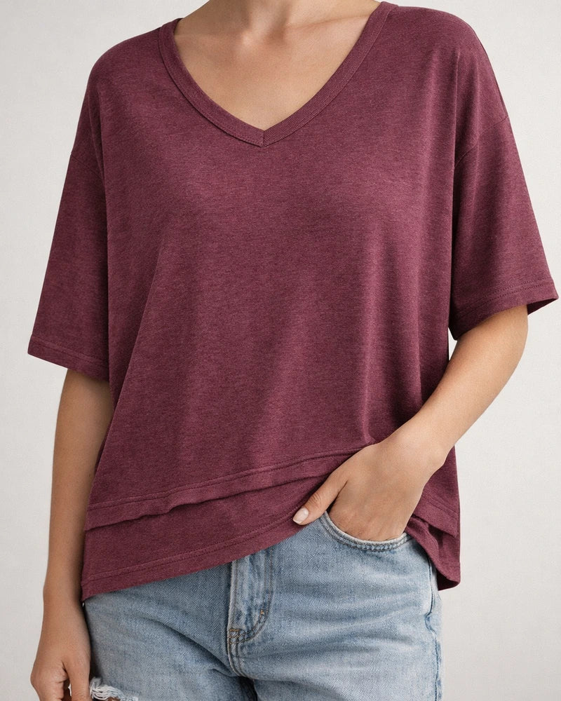 Women's Summer Casual Solid-Color Patchwork 3/4-Sleeve V-Neck Loose-Fit T-Shirt | JRSEE:2225bcb8-cd2f-4c7d-9de5-741575f9317f