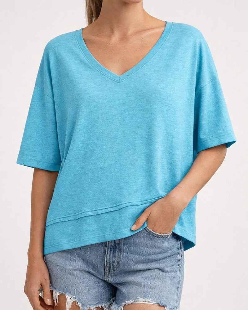 Women's Summer Casual Solid-Color Patchwork 3/4-Sleeve V-Neck Loose-Fit T-Shirt | JRSEE:e59f5608-137b-4288-b09f-a923479d386a