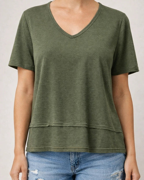 Women's Summer Casual Solid-Color Patchwork 3/4-Sleeve V-Neck Loose-Fit T-Shirt | JRSEE:ecd30a9f-4f27-49ae-b6f6-7afe027908ae