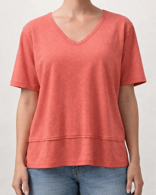 Women's Summer Casual Solid-Color Patchwork 3/4-Sleeve V-Neck Loose-Fit T-Shirt | JRSEE:26dd99d1-aca8-49cd-a0d9-fe5916ba8d23