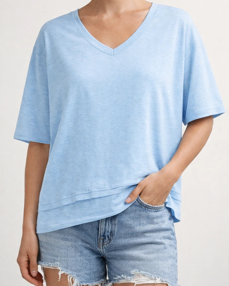 Women's Summer Casual Solid-Color Patchwork 3/4-Sleeve V-Neck Loose-Fit T-Shirt | JRSEE:ef6200b4-bcbd-43f0-8f86-472ca91a71c9