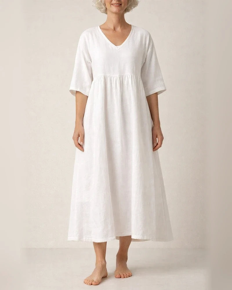 Women's Summer Cotton-Linen Solid-Color Casual V-Neck 3/4-Sleeve Dress | JRSEE:f757f36a-87fe-44f2-ba44-3c20a0b1cca7