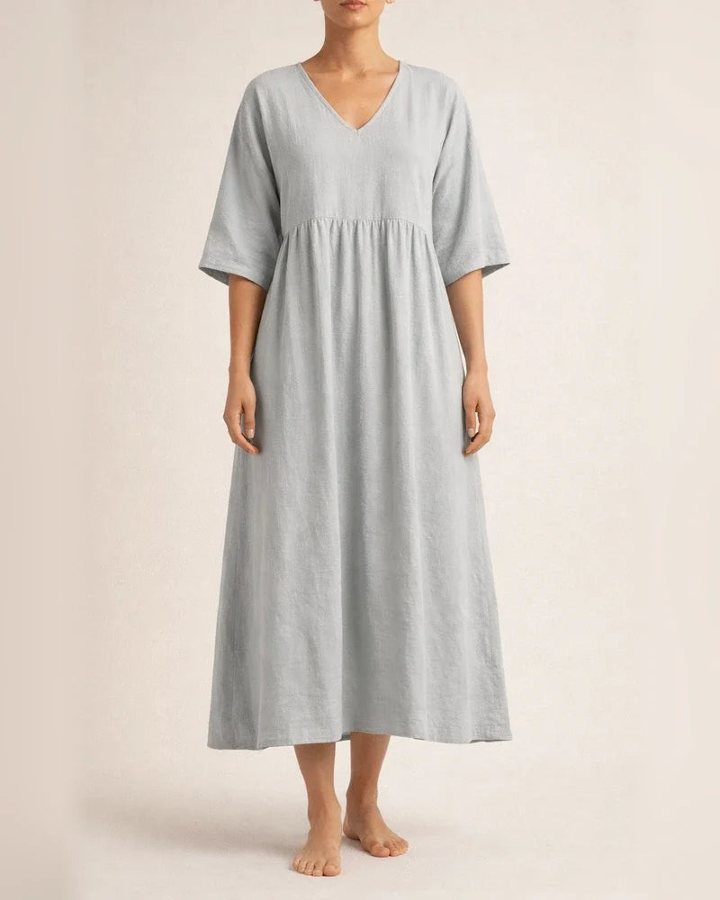 Women's Summer Cotton-Linen Solid-Color Casual V-Neck 3/4-Sleeve Dress | JRSEE:250fd549-6d9a-4ca8-88ab-6be83dd481bc