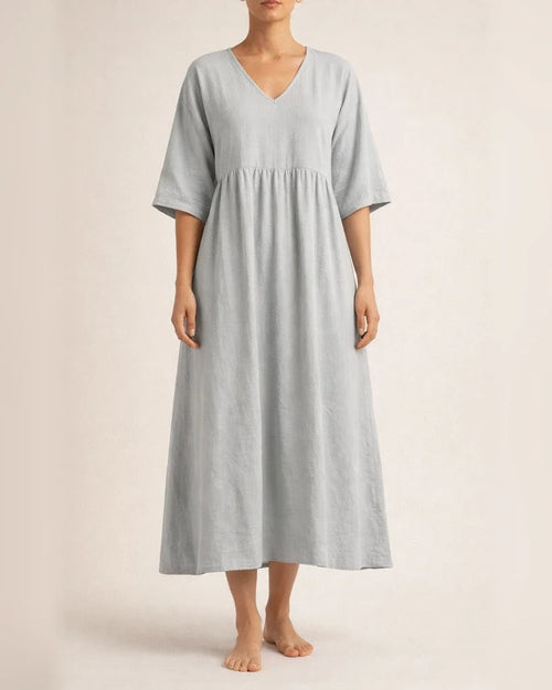 Women's Summer Cotton-Linen Solid-Color Casual V-Neck 3/4-Sleeve Dress | JRSEE:250fd549-6d9a-4ca8-88ab-6be83dd481bc