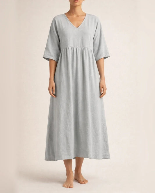 Women's Summer Cotton-Linen Solid-Color Casual V-Neck 3/4-Sleeve Dress | JRSEE:250fd549-6d9a-4ca8-88ab-6be83dd481bc
