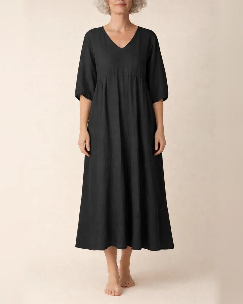 Women's Summer Cotton-Linen Solid-Color Casual V-Neck 3/4-Sleeve Dress | JRSEE:6c8ac1be-69cd-4f0a-90f1-33c9bb870f3b
