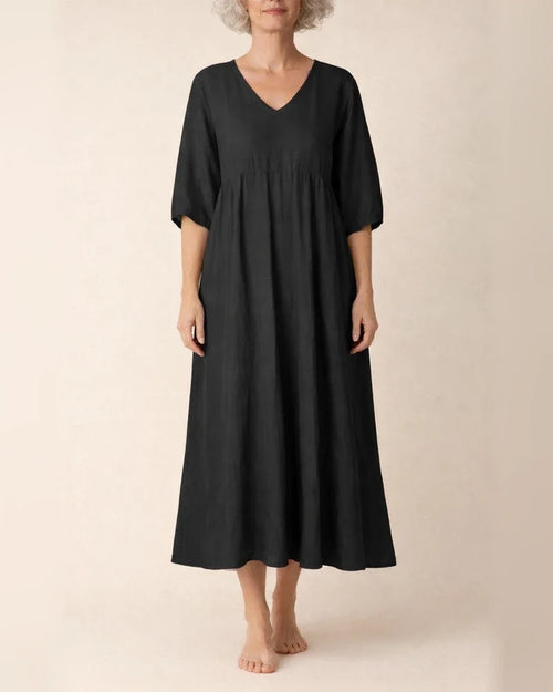 Women's Summer Cotton-Linen Solid-Color Casual V-Neck 3/4-Sleeve Dress | JRSEE:6c8ac1be-69cd-4f0a-90f1-33c9bb870f3b