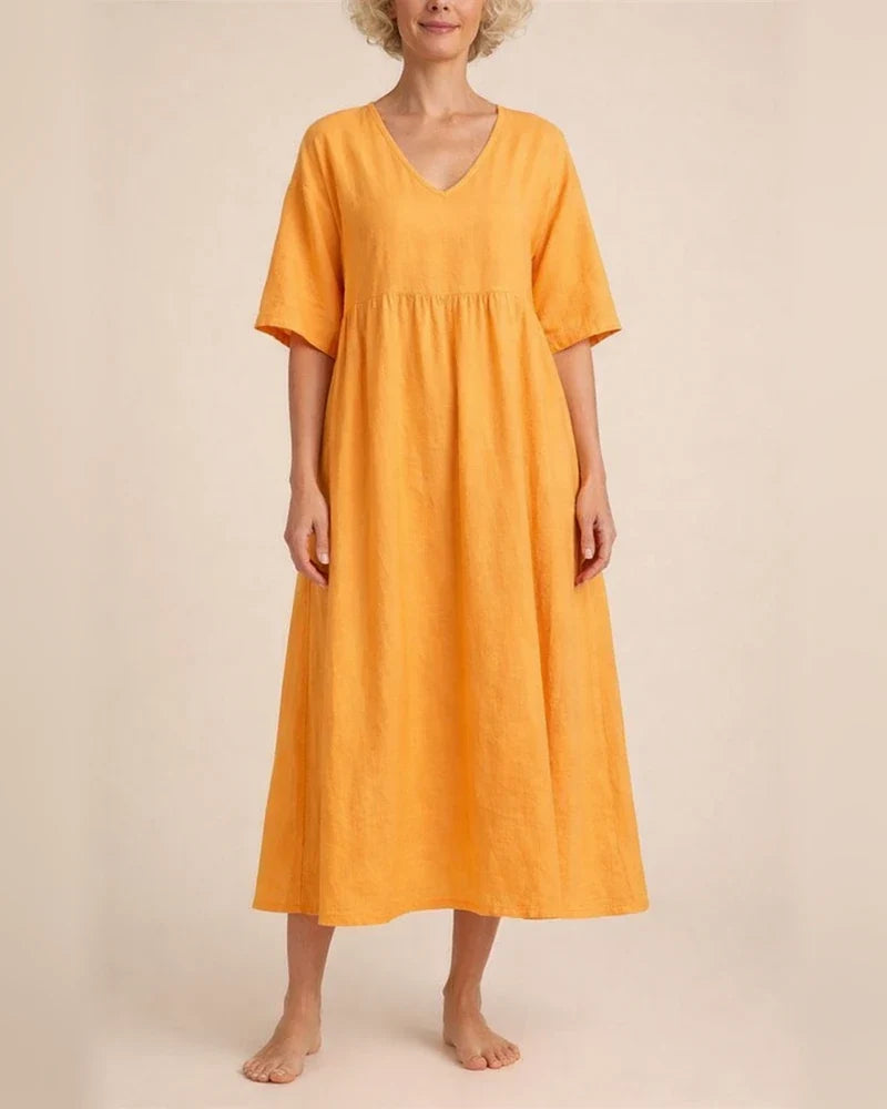 Women's Summer Cotton-Linen Solid-Color Casual V-Neck 3/4-Sleeve Dress | JRSEE:55d64af2-f4da-43b4-a7e0-bc4704b034cb