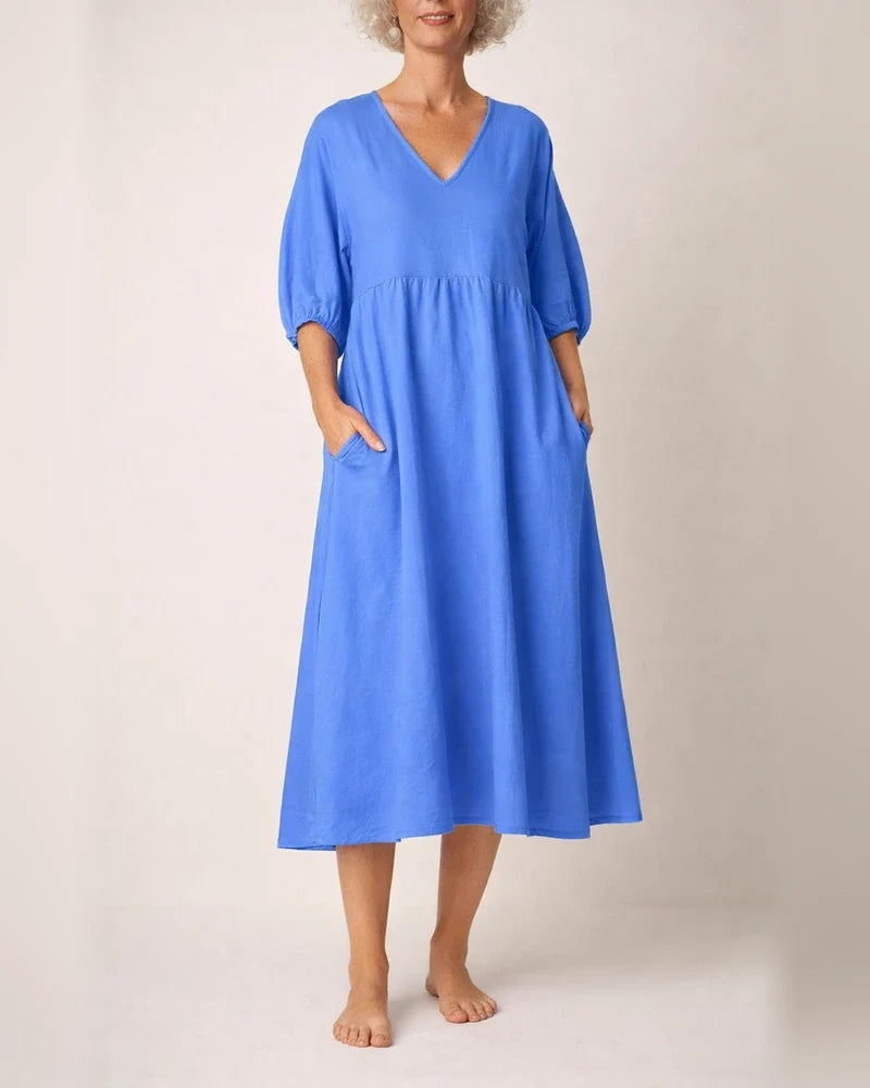 Women's Summer Cotton-Linen Solid-Color Casual V-Neck 3/4-Sleeve Dress | JRSEE:653513b5-d12c-4450-a8c6-e9ed9618f9f7