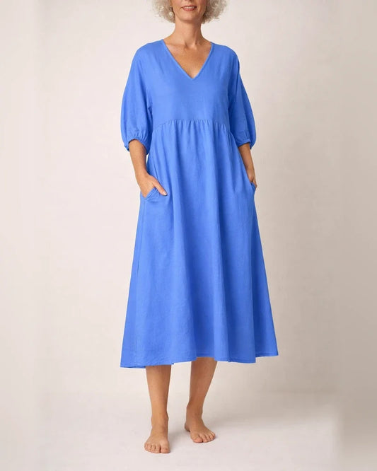 Women's Summer Cotton-Linen Solid-Color Casual V-Neck 3/4-Sleeve Dress | JRSEE:653513b5-d12c-4450-a8c6-e9ed9618f9f7