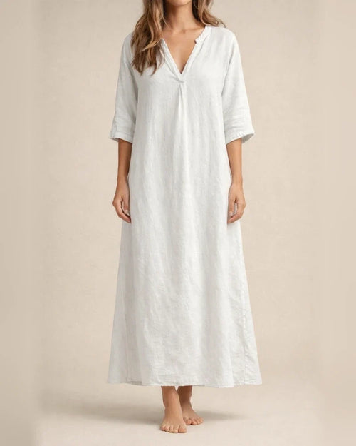 Women's Summer Explosion Both Sides Slit V-neck Solid Color Dress Seven-quarter Sleeve Pressed Pleated Cotton Linen Dresses | JRSEE:f7a5c424-6f80-4ea5-a00e-5dda2afcdc09