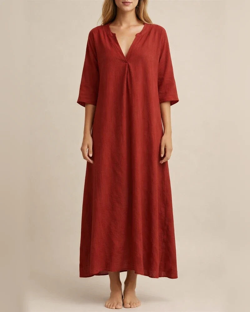 Women's Summer Explosion Both Sides Slit V-neck Solid Color Dress Seven-quarter Sleeve Pressed Pleated Cotton Linen Dresses | JRSEE:769aa197-5233-46a1-bbfd-013d0903b5f4