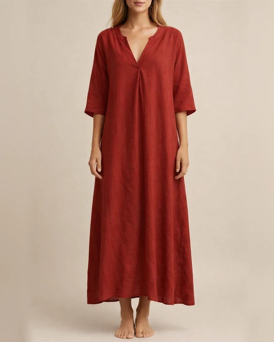 Women's Summer Explosion Both Sides Slit V-neck Solid Color Dress Seven-quarter Sleeve Pressed Pleated Cotton Linen Dresses | JRSEE:769aa197-5233-46a1-bbfd-013d0903b5f4