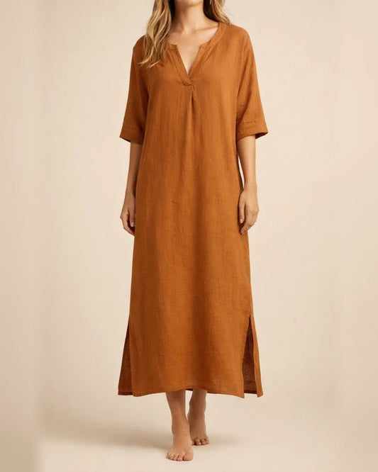 Women's Summer Explosion Both Sides Slit V-neck Solid Color Dress Seven-quarter Sleeve Pressed Pleated Cotton Linen Dresses | JRSEE:717a559e-bbf7-4628-8457-d73792139378