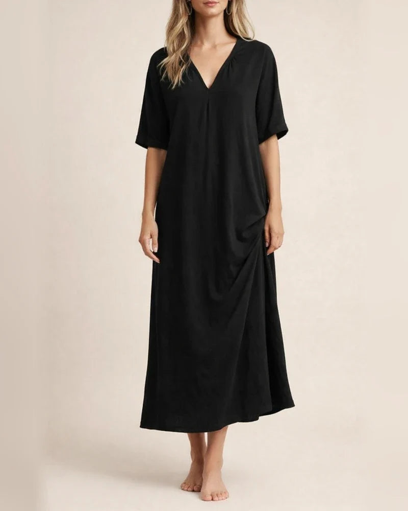 Women's Summer Explosion Both Sides Slit V-neck Solid Color Dress Seven-quarter Sleeve Pressed Pleated Cotton Linen Dresses | JRSEE:733e9629-600d-4820-936b-d6e8e8d123d3