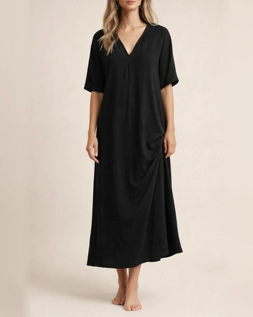 Women's Summer Explosion Both Sides Slit V-neck Solid Color Dress Seven-quarter Sleeve Pressed Pleated Cotton Linen Dresses | JRSEE:733e9629-600d-4820-936b-d6e8e8d123d3
